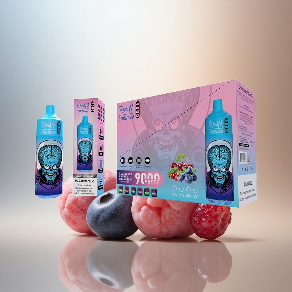 RandM Fumot Tornado 9000 Puffs Blåbär Körsbär Tranbär 18 mL Mesh Coil RGB Display