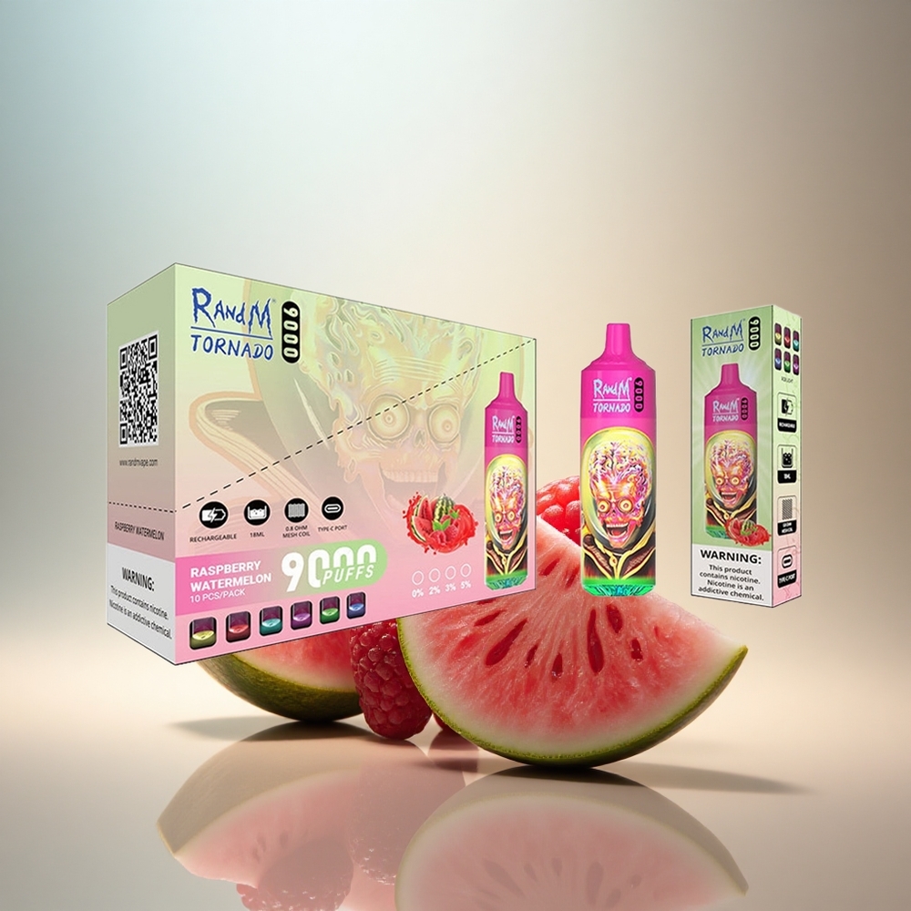 RandM Fumot Tornado 9000 Puffs Hallons Vattenmelon 850 mAh 18 mL Mesh Coil RGB Skärm
