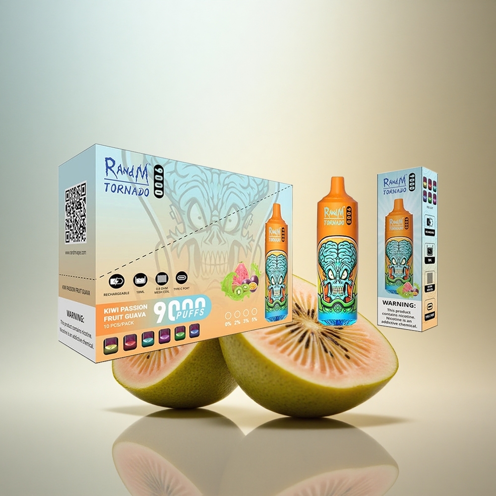 RandM Fumot Tornado 9000 Puffs Passionsfrukt Guava Kiwi med 850 mAh och Mesh Coil