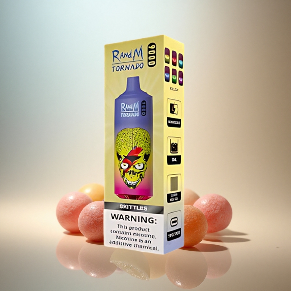 RandM Fumot Tornado 9000 Puffs Skittles Regnbågsdisplay 850 mAh 18 mL Mesh Coil